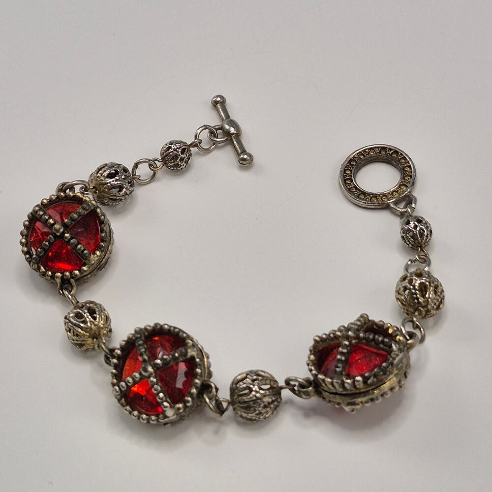 Vintage Medieval Victorian Style Bracelet Silver-tone and Red Stone Toggle Close - Picture 3 of 16